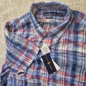 Polo Ralph Lauren Linen Shir Mens 2XL Blue Plaid Button Down Beach Camp Coastal